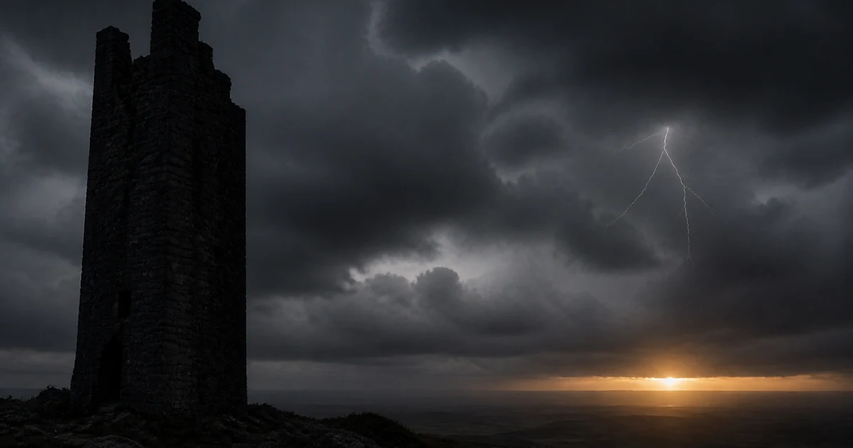 A stone tower silhouette against a stormy grey sky, lightning in the distance, minimal and austere