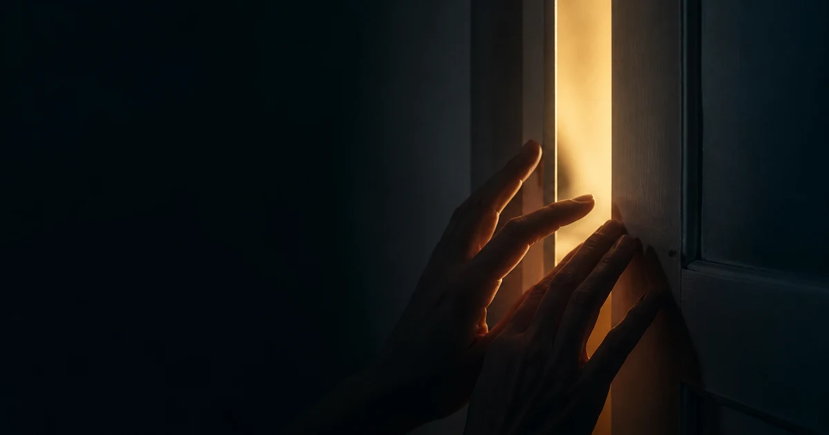 Hands pausing at a door crack — warm light inside, dark space outside, symbolizing a boundary choice
