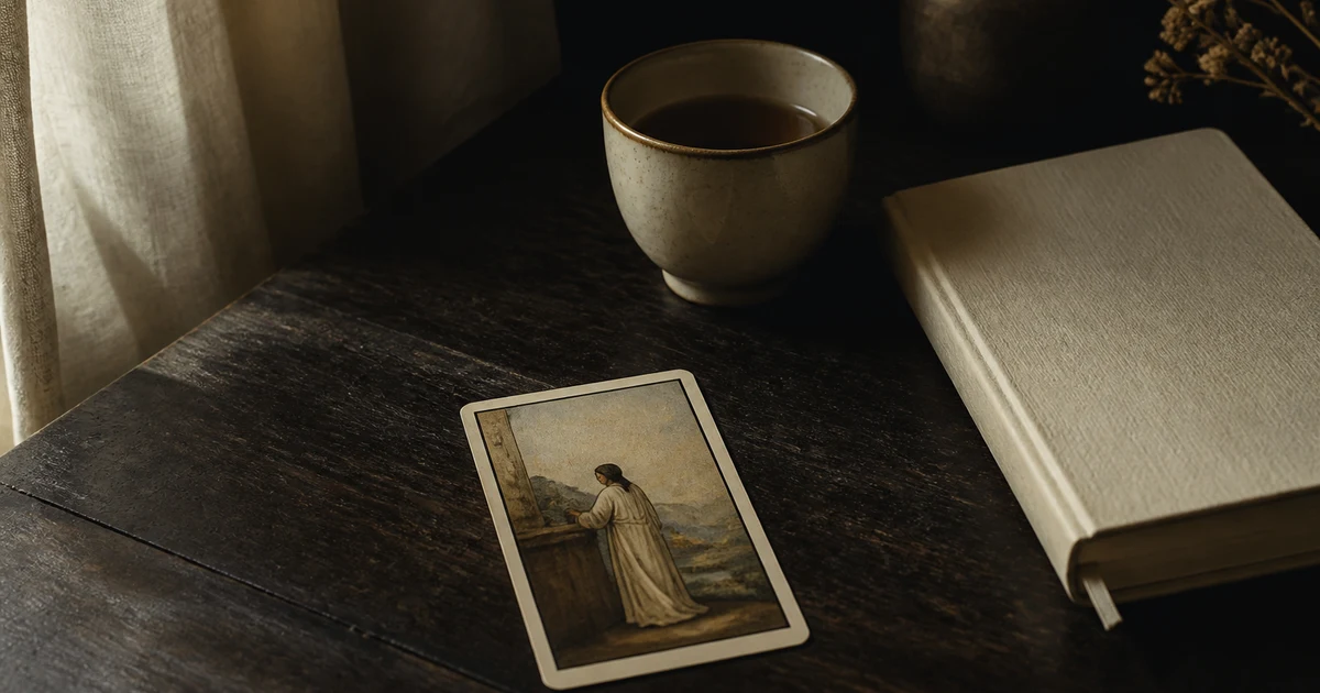 A tarot card lying flat on a dark desk beside tea and a closed journal — no crystal ball or zodiac symbols