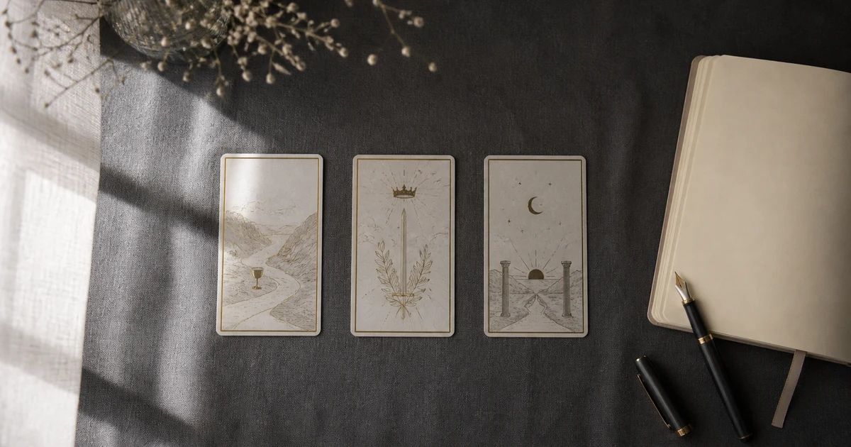 Three tarot cards laid horizontally on dark fabric beside a pen and open journal